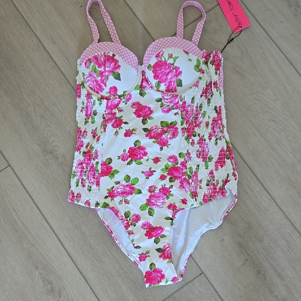 Pink and White Floral One Piece Swimsuit with Sweetheart Neckline
